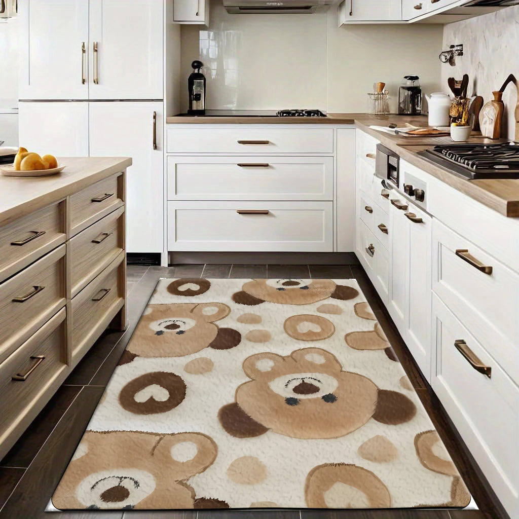 Cute Brown Bear Cartoon Print Soft Kids Bedroom Decor Area Rug