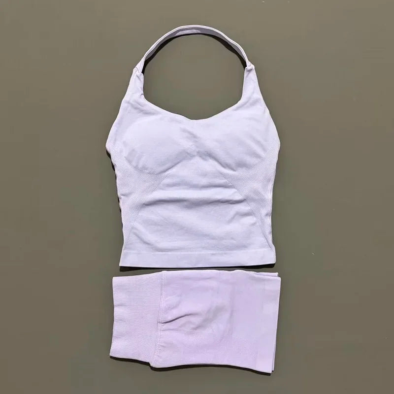 2 Piece Yoga Set Women Backless Halter Top High Waist Seamless Shorts Gym Suit Fitness Sportswear Workout Sets