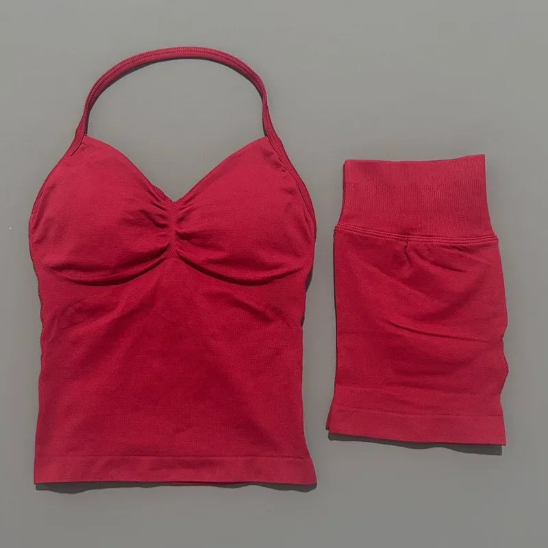 2 Piece Women Sports Set Backless Halter Tank Top High Waist Seamless Stretch Shorts Gym Fitness Workout Outfit