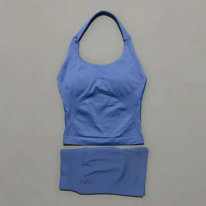 2 Piece Yoga Set Women Backless Halter Top High Waist Seamless Shorts Gym Suit Fitness Sportswear Workout Sets