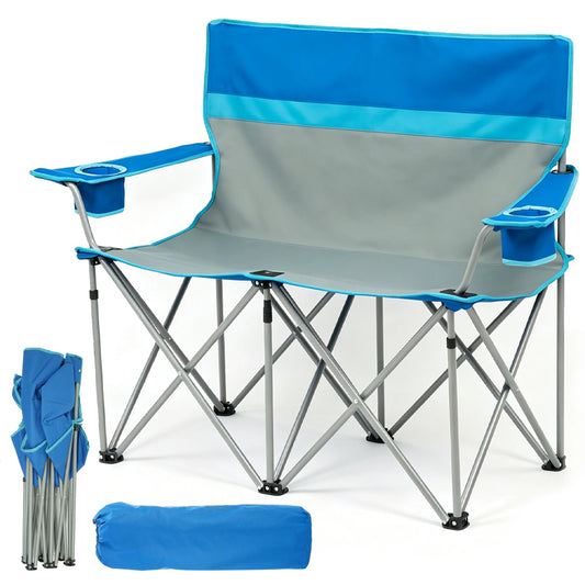 Double Folding Camping Chair Portable Outdoor Oxford Fabric 600D 2-Person Lounge Chair for Camping Fishing Beach Supports 660 lbs with Cup Holders Backrest Storage Pouch