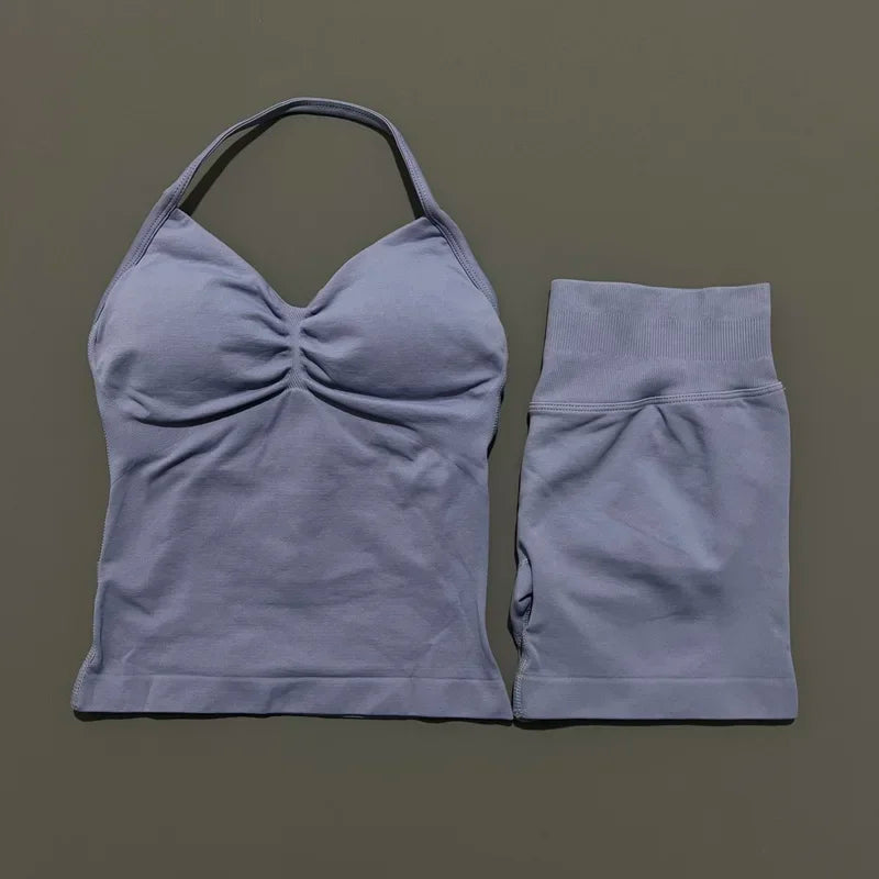 2 Piece Women Sports Set Backless Halter Tank Top High Waist Seamless Stretch Shorts Gym Fitness Workout Outfit