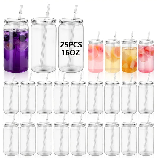 25/50 16 oz Single Layer Sports Cup, Christmas Plastic Juice Bottle with Sealed Lid and Straw, Clear Mason Bottle, Large Capacity Beverage Bottle (for Smoothies), Juice Shake Drink Cup, Bottle and Straw