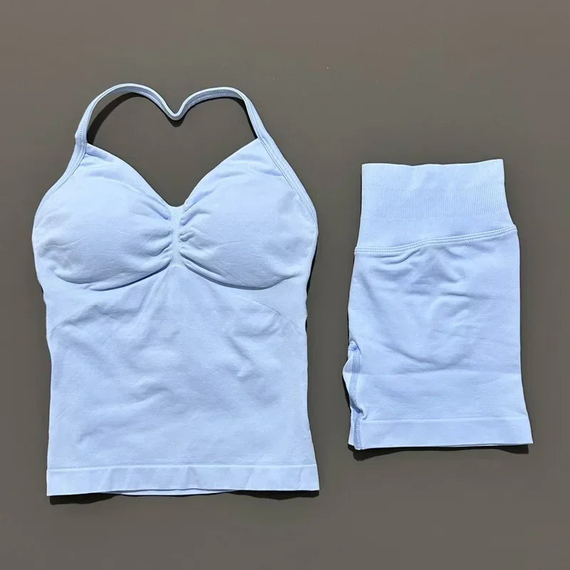 2 Piece Women Sports Set Backless Halter Tank Top High Waist Seamless Stretch Shorts Gym Fitness Workout Outfit