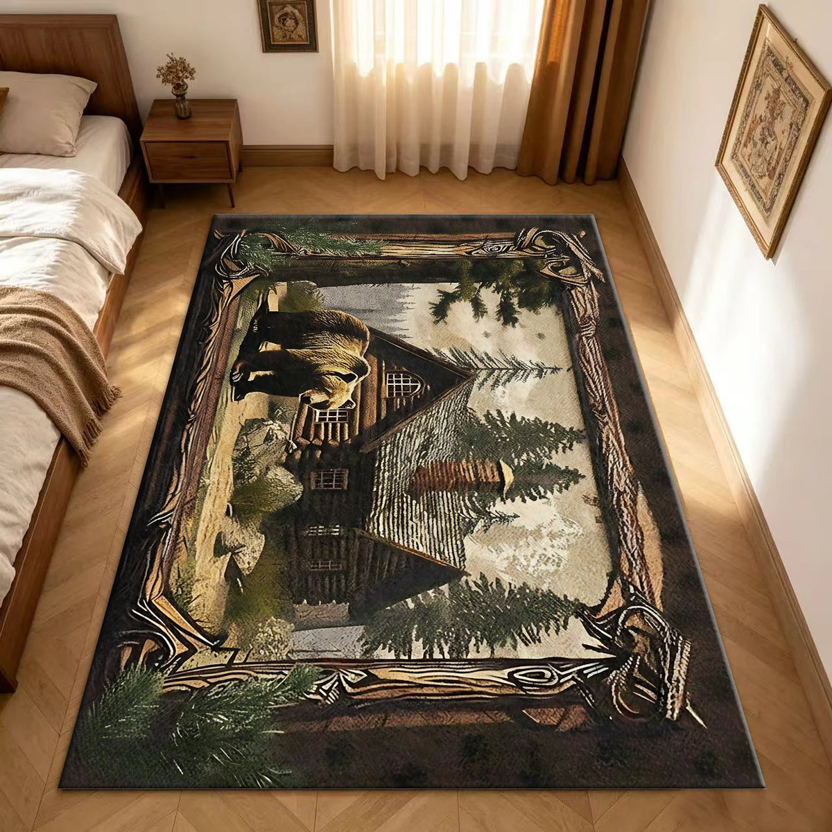 Rustic Style Cabin Bear Forest Print Carpet Mountain Wildlife Rug Home Carpet