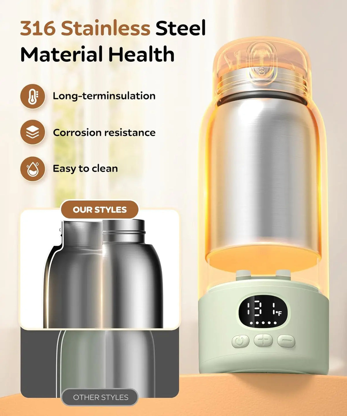 Portable Electric Heated Water Bottle 500ml Digital Display USB Rechargeable 55℃ Constant Temperature Large Battery Travel Picnic Baby Milk Warming Cup