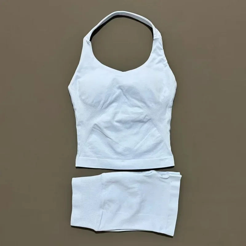 2 Piece Yoga Set Women Backless Halter Top High Waist Seamless Shorts Gym Suit Fitness Sportswear Workout Sets