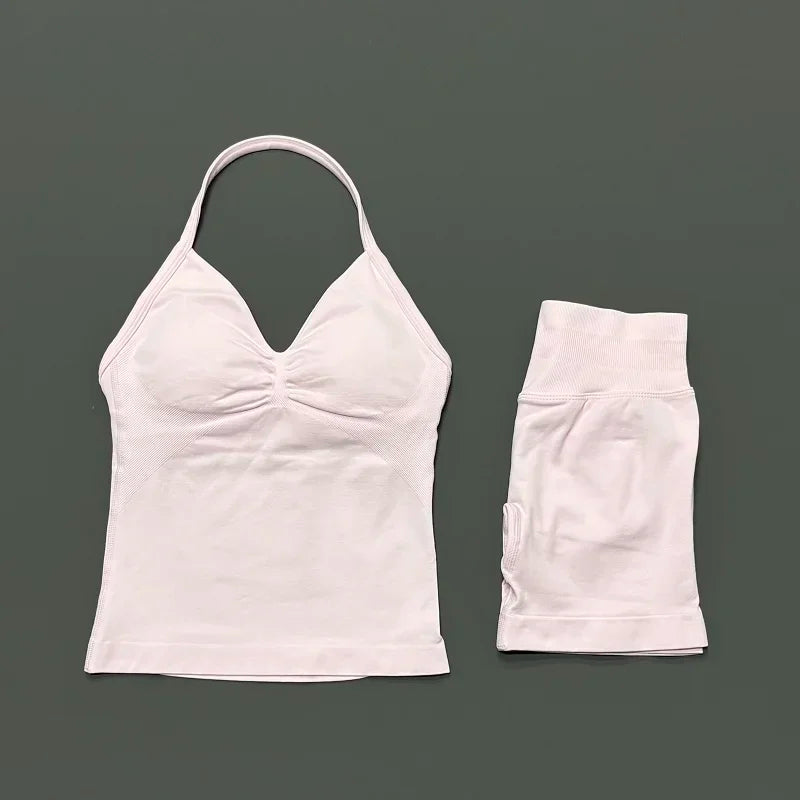 2 Piece Women Sports Set Backless Halter Tank Top High Waist Seamless Stretch Shorts Gym Fitness Workout Outfit