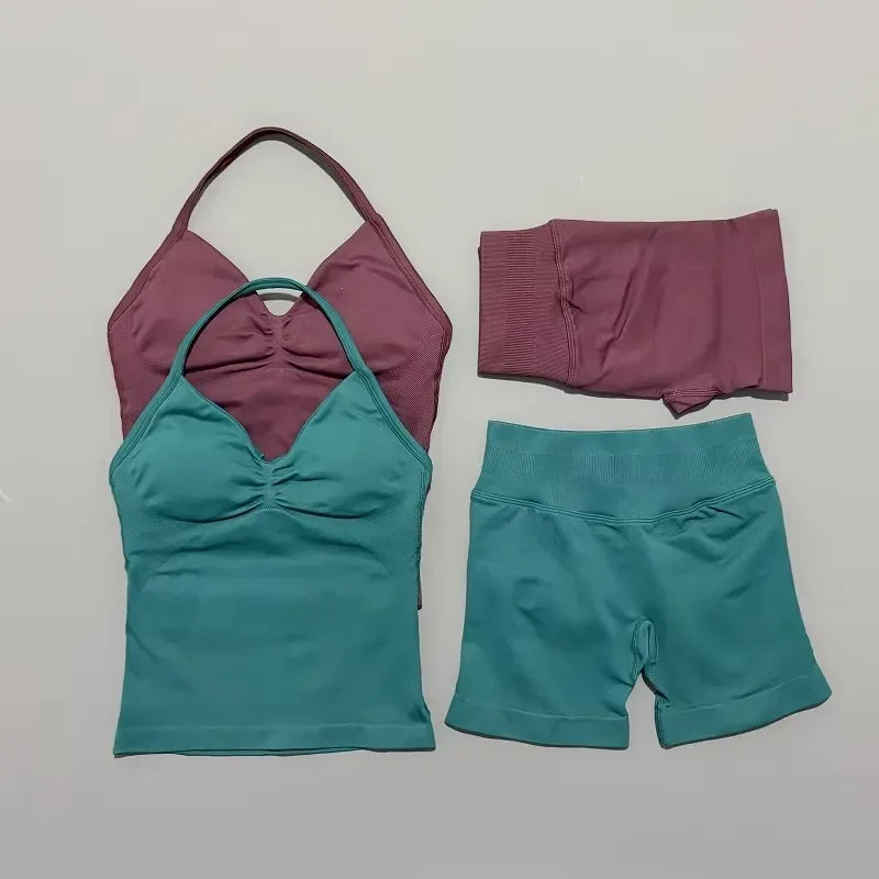 2 Piece Women Sports Set Backless Halter Tank Top High Waist Seamless Stretch Shorts Gym Fitness Workout Outfit