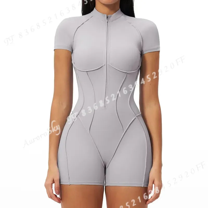 2026 Women Yoga Bodysuit Short Sleeve Zipper Jumpsuit Gym Tracksuit Sports Workout Romper Fitness One Piece Activewear Suit
