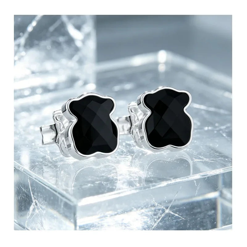 Black Bear Crystal Stud Earrings Silver Plated Cute Animal Earrings for Women Daily Jewelry