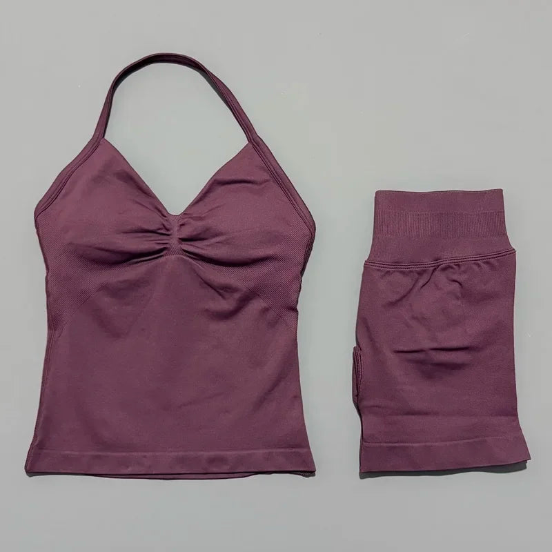 2 Piece Women Sports Set Backless Halter Tank Top High Waist Seamless Stretch Shorts Gym Fitness Workout Outfit