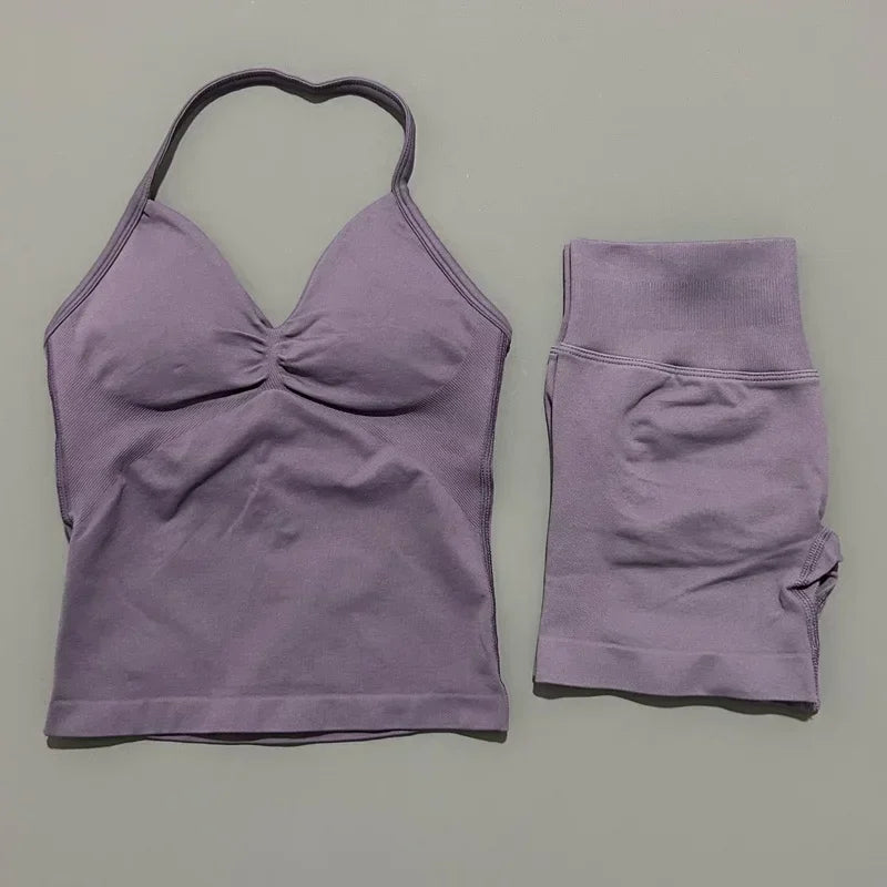2 Piece Women Sports Set Backless Halter Tank Top High Waist Seamless Stretch Shorts Gym Fitness Workout Outfit
