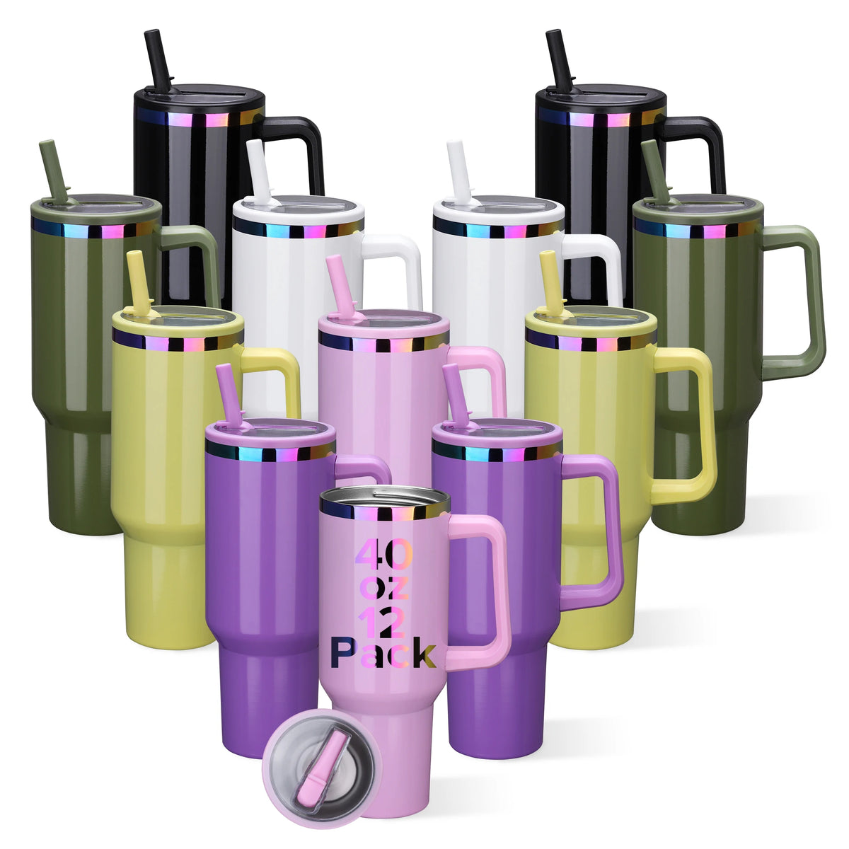 12 Pack 40 oz Rainbow Wide Mouth Tumbler with Handle, Suitable for Laser Engraving, Keeping Hot and Cold (Color Mixing)