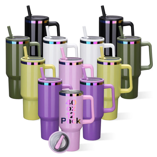 12 Pack 40 oz Rainbow Wide Mouth Tumbler with Handle, Suitable for Laser Engraving, Keeping Hot and Cold (Color Mixing)