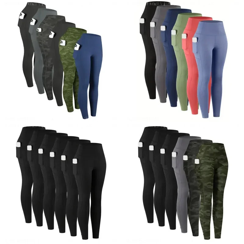 6Pcs Women High‑Waist Leggings With Pockets Soft Stretchy Workout Yoga Pants Tummy‑Control Athletic Running Gym Tights Casual Activewear For Ladies Daily Fitness