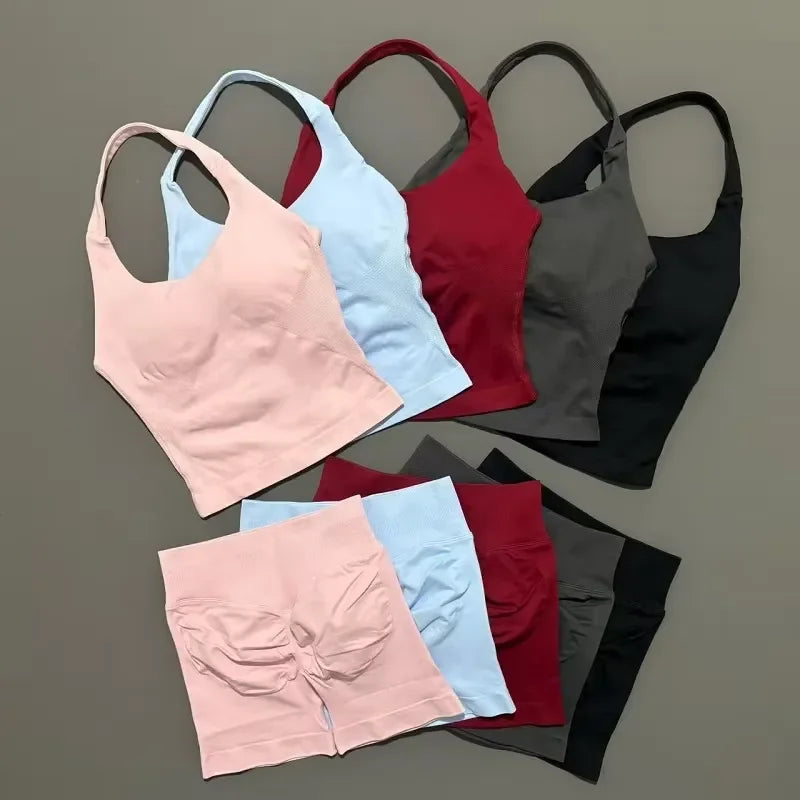 2 Piece Yoga Set Women Backless Halter Top High Waist Seamless Shorts Gym Suit Fitness Sportswear Workout Sets