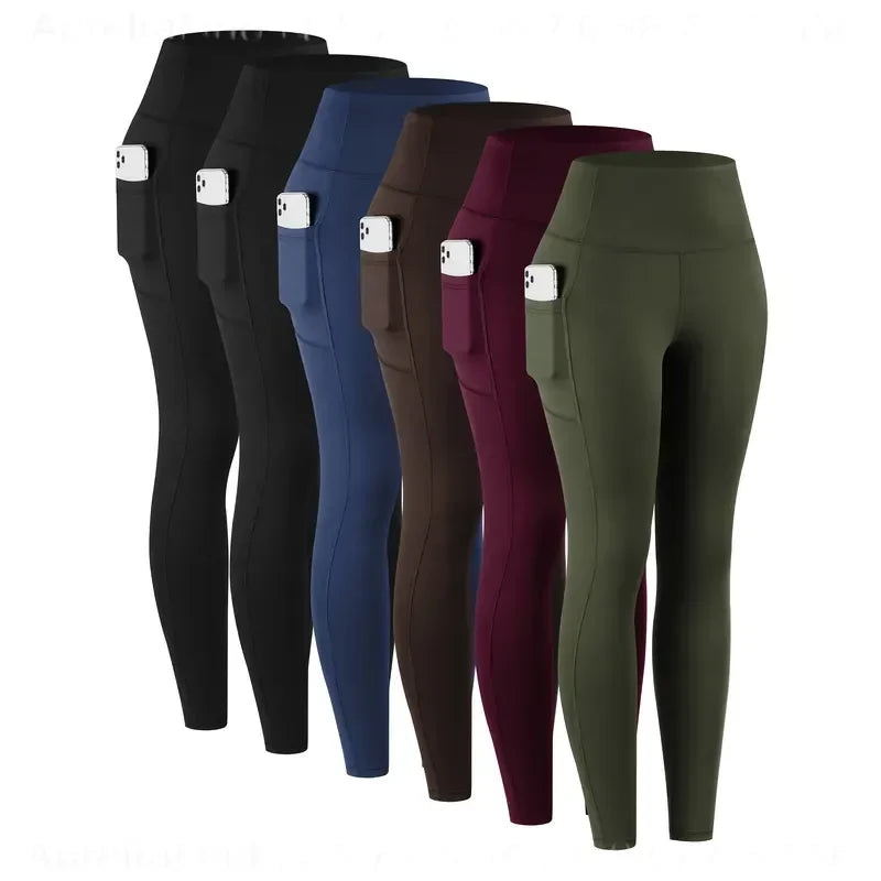 6Pcs Women High‑Waist Leggings With Pockets Soft Stretchy Workout Yoga Pants Tummy‑Control Athletic Running Gym Tights Casual Activewear For Ladies Daily Fitness