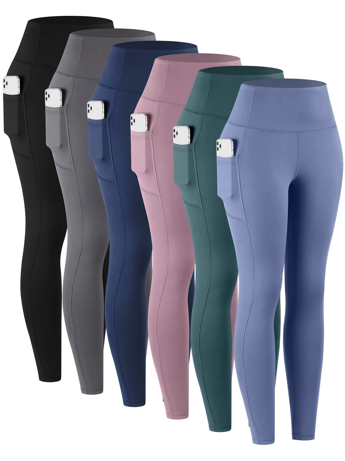 6Pcs Women High‑Waist Leggings With Pockets Soft Stretchy Workout Yoga Pants Tummy‑Control Athletic Running Gym Tights Casual Activewear For Ladies Daily Fitness