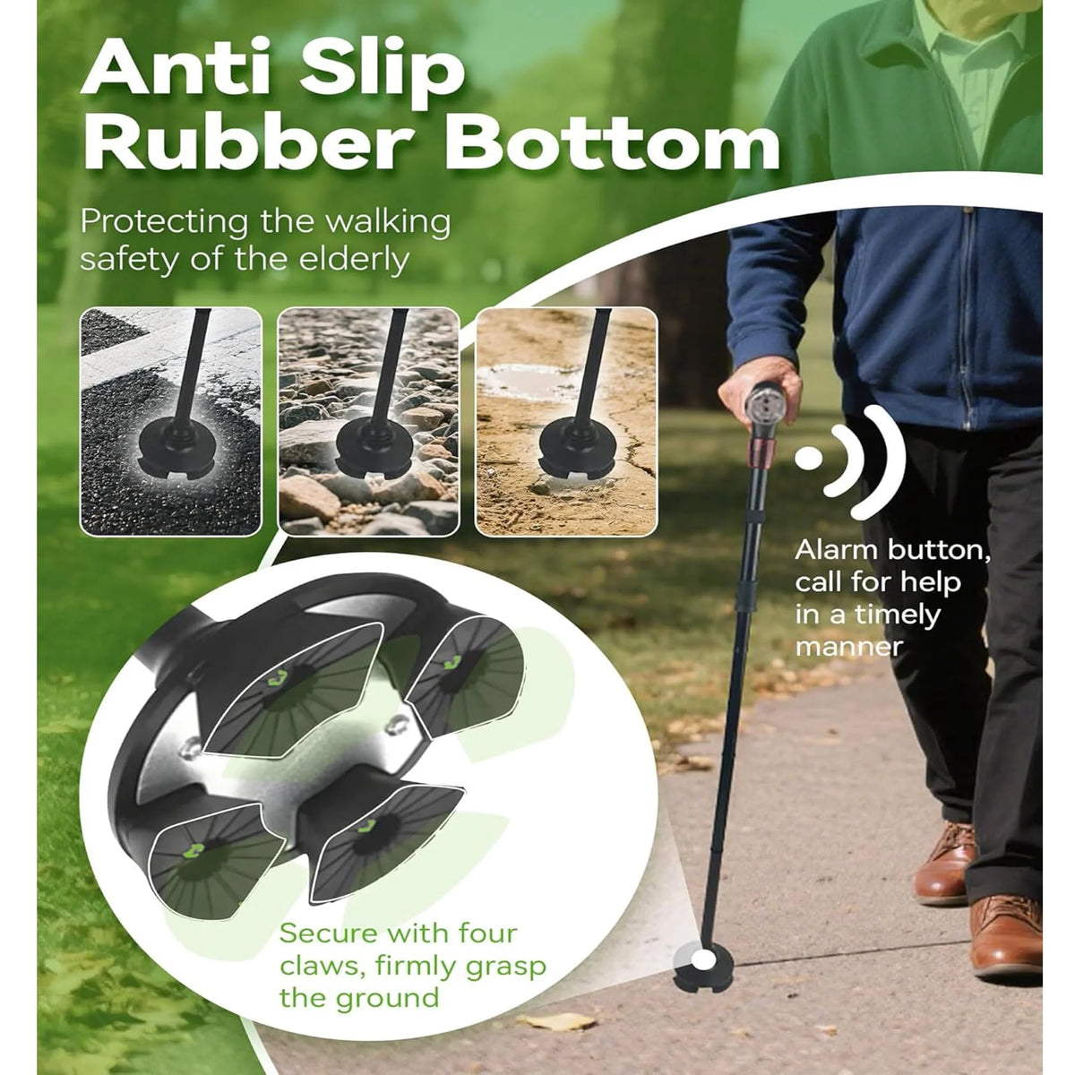 Adjustable Foldable Walking Cane with LED Light & Alarm, Lightweight All Terrain Walking Stick with Side Handle, Smart Stable Mobility Aid Cane for Seniors Adults, Non-Slip Base for Indoor Outdoor Travel Daily Use
