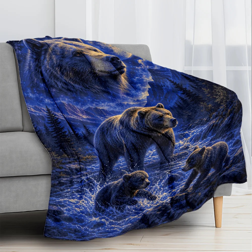 1pc Blue Moon Bear Family Flannel Blanket - Heavyweight 280GSM Ultra Soft Warm Suitable for - Bedspread, Cozy Winter Throw for Bed, Sofa, Dorm & Car, Machine Washable Bedding Gift for &, Adorable Bear Print