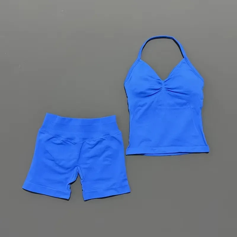 2 Piece Women Sports Set Backless Halter Tank Top High Waist Seamless Stretch Shorts Gym Fitness Workout Outfit