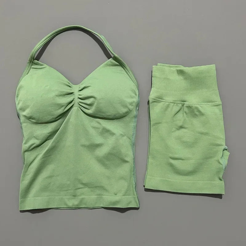 2 Piece Women Sports Set Backless Halter Tank Top High Waist Seamless Stretch Shorts Gym Fitness Workout Outfit