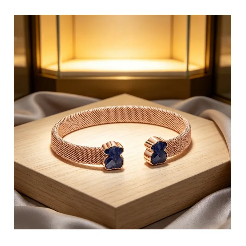 Rose Gold Mesh Cuff Bracelet with Blue Bear Stone Charms, Elegant Jewelry for Women