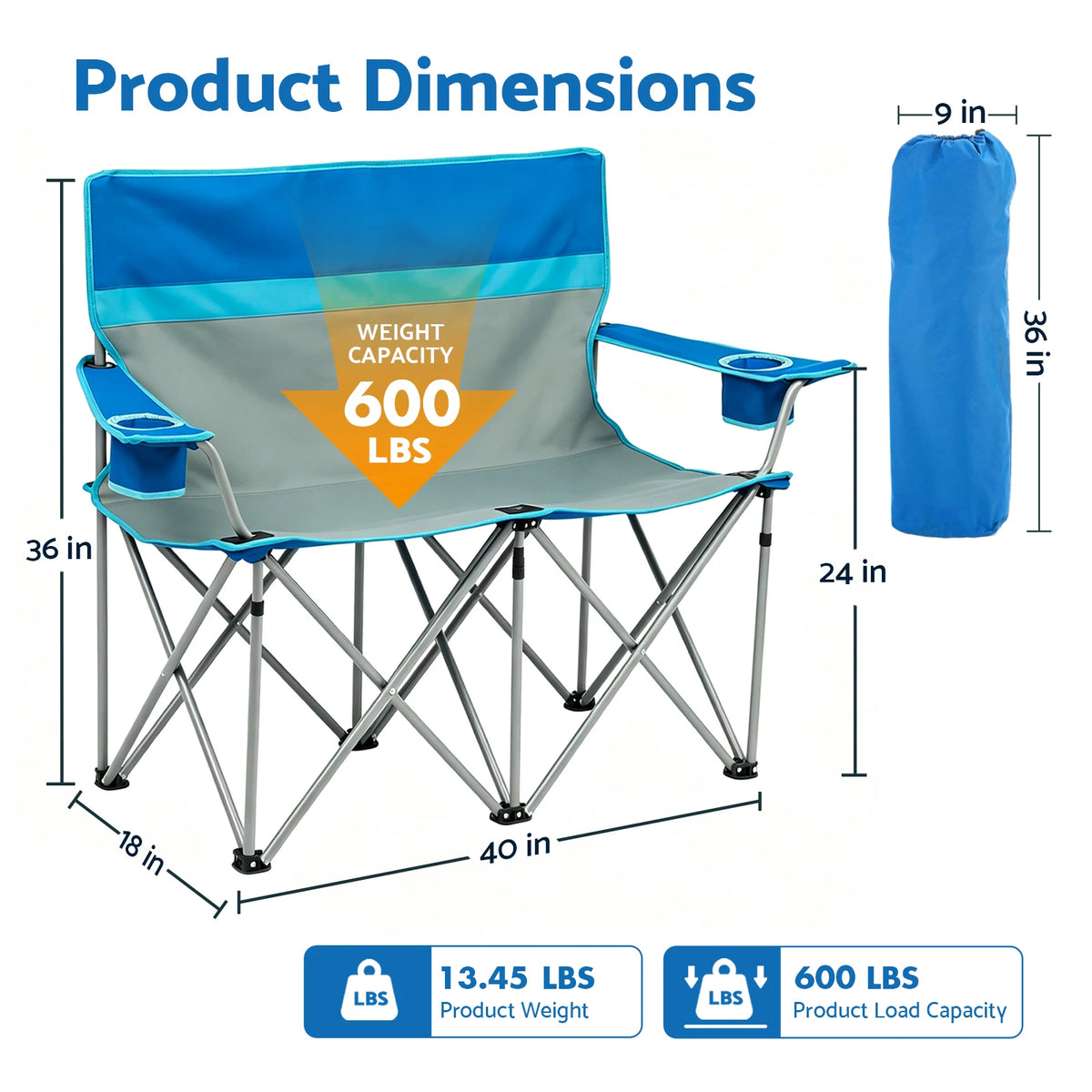 Double Folding Camping Chair Portable Outdoor Oxford Fabric 600D 2-Person Lounge Chair for Camping Fishing Beach Supports 660 lbs with Cup Holders Backrest Storage Pouch