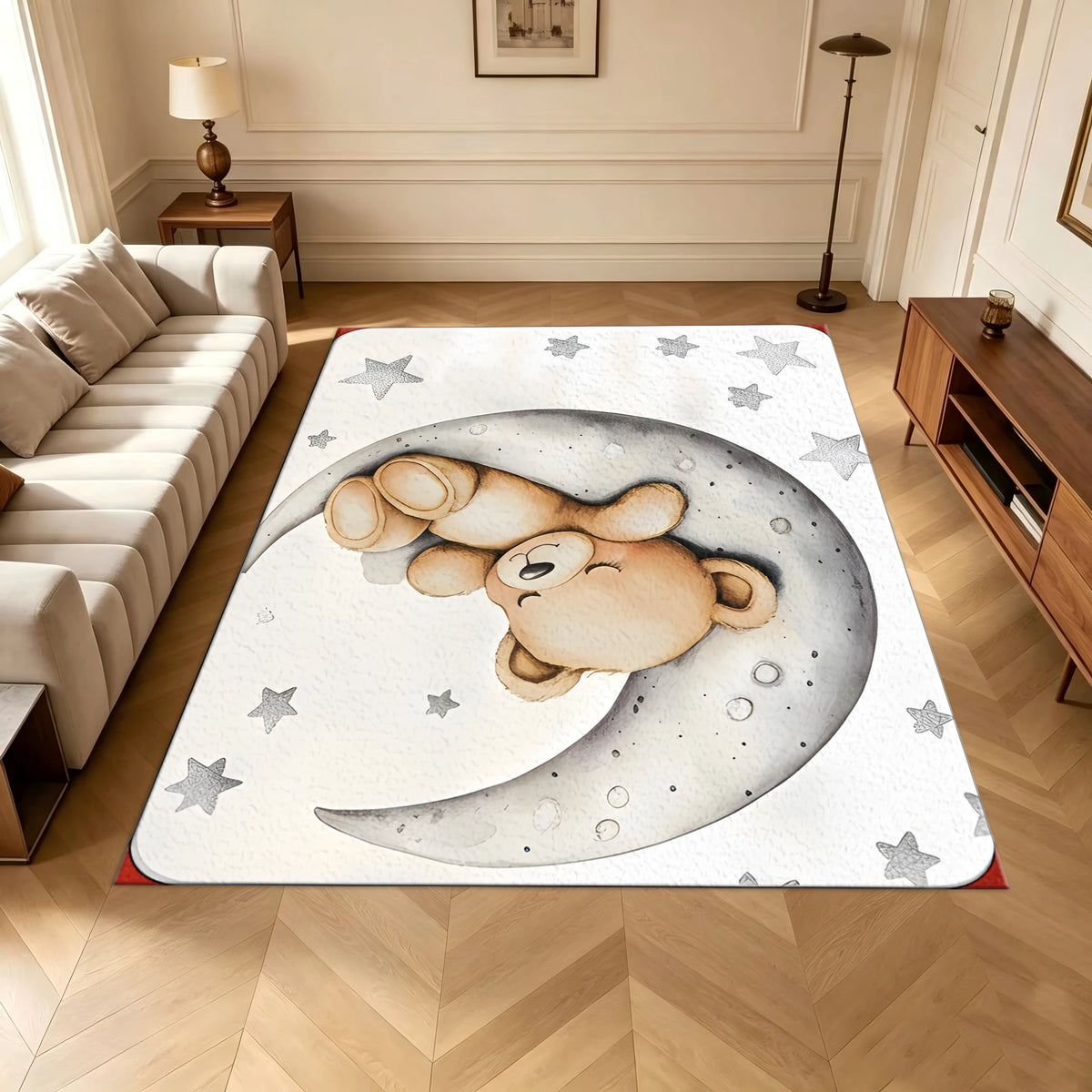 Cute Sleeping Bear Moon Star Print Carpet Baby Room Floor Mat Children's Carpet