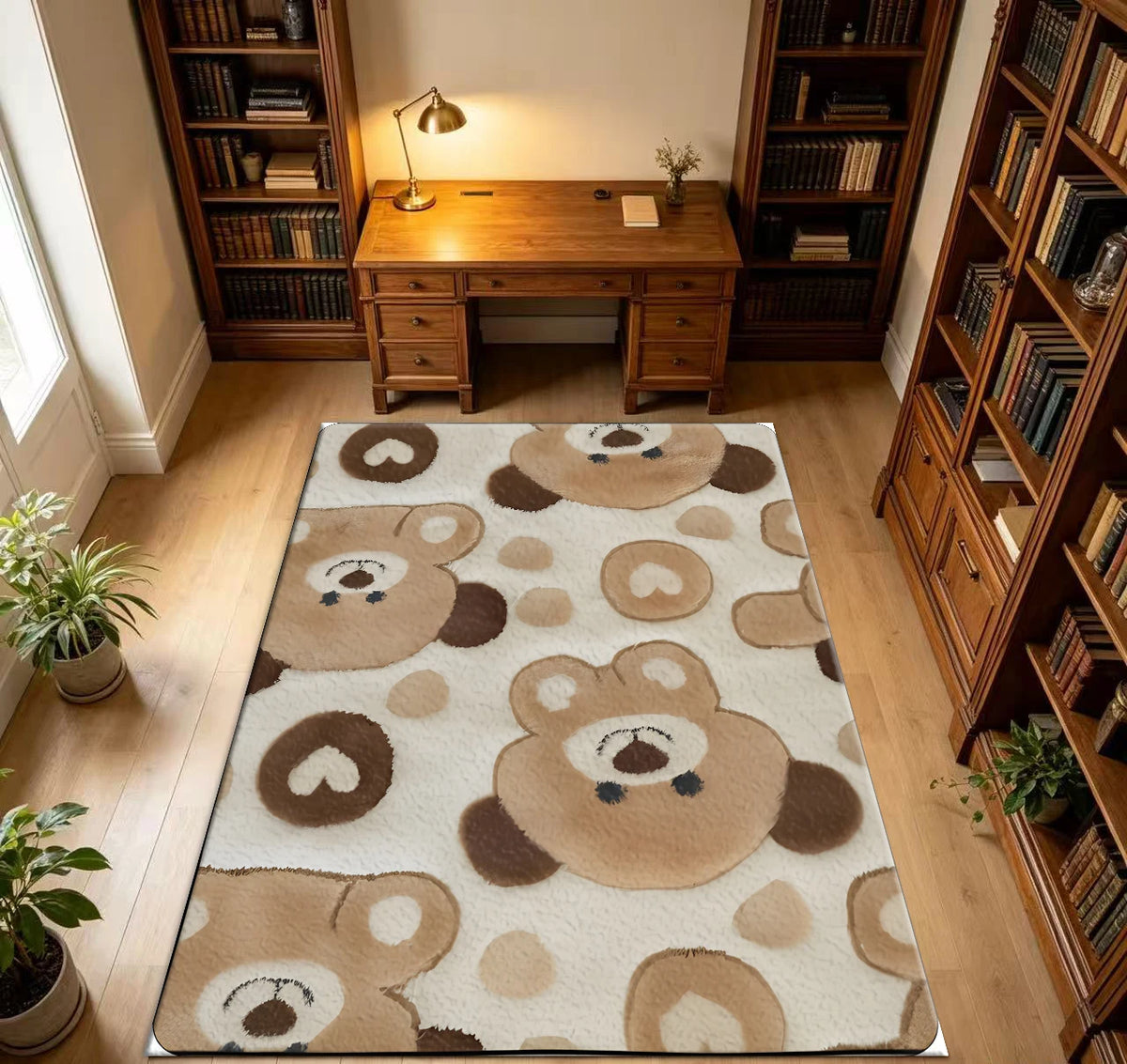 Cute Brown Bear Cartoon Print Soft Kids Bedroom Decor Area Rug