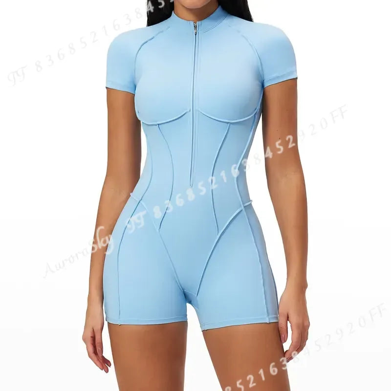 2026 Women Yoga Bodysuit Short Sleeve Zipper Jumpsuit Gym Tracksuit Sports Workout Romper Fitness One Piece Activewear Suit