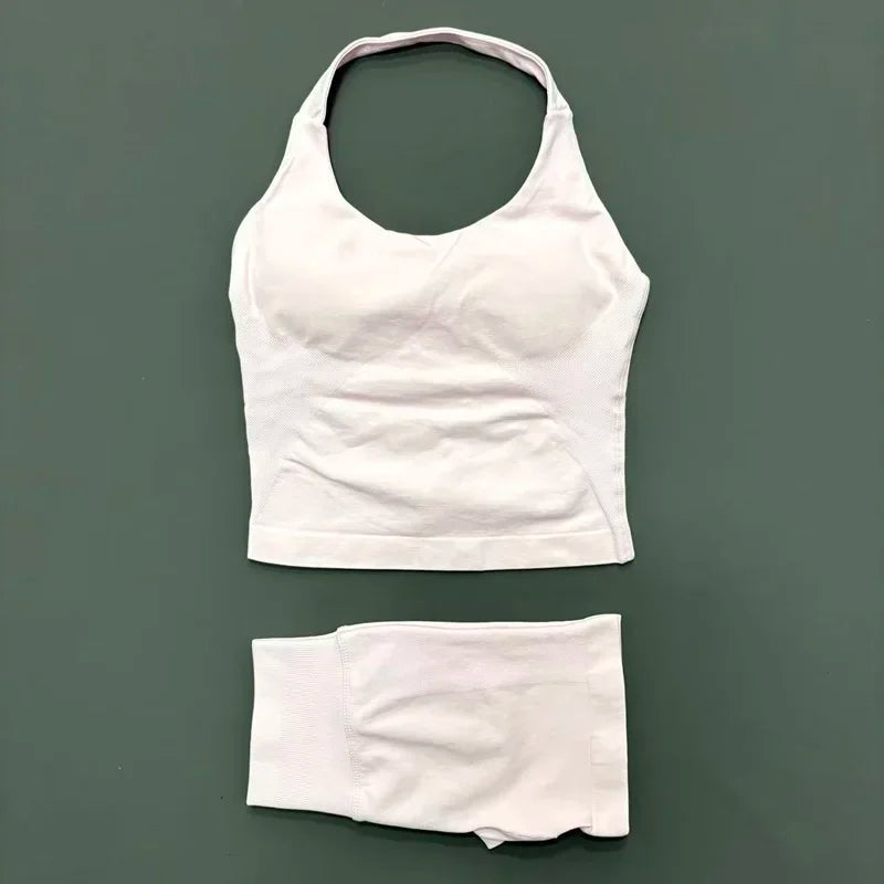 2 Piece Yoga Set Women Backless Halter Top High Waist Seamless Shorts Gym Suit Fitness Sportswear Workout Sets