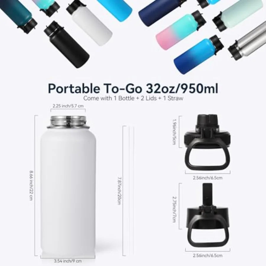 32 oz Insulated Water Bottles Bulk with 2 Lids Straw and Spout Lid,Stainless Steel Double Wall Water Bottle, Keeps Cold 24H and