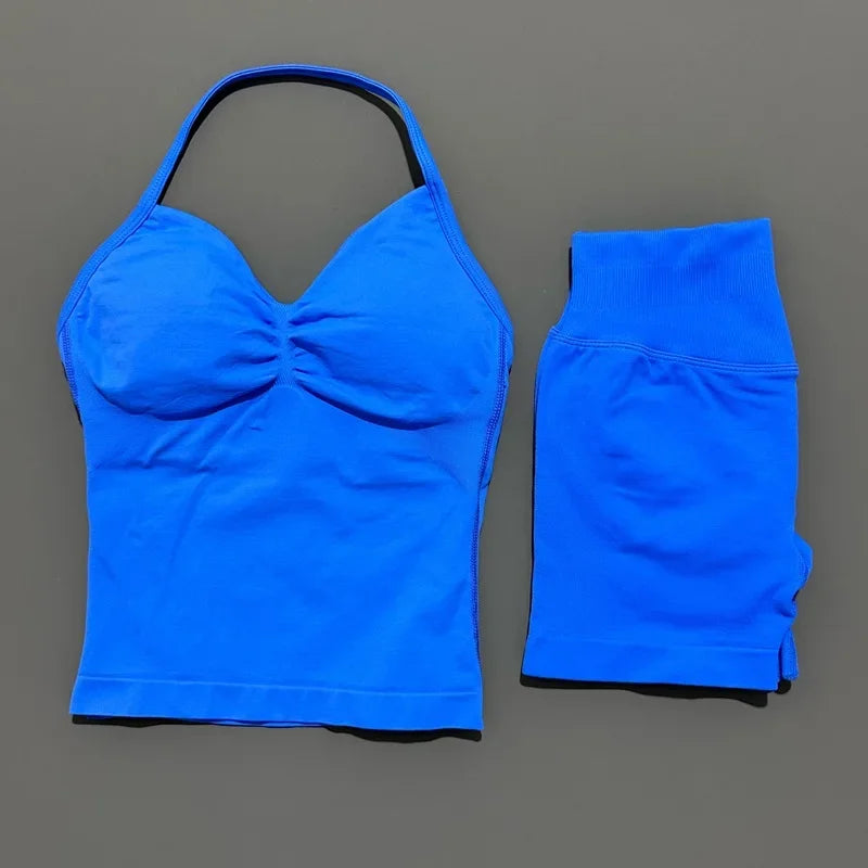 2 Piece Women Sports Set Backless Halter Tank Top High Waist Seamless Stretch Shorts Gym Fitness Workout Outfit