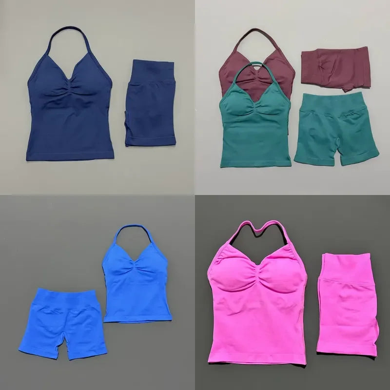 2 Piece Women Sports Set Backless Halter Tank Top High Waist Seamless Stretch Shorts Gym Fitness Workout Outfit
