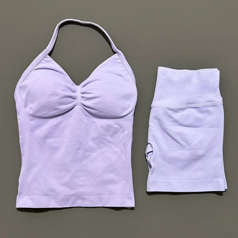 2 Piece Women Sports Set Backless Halter Tank Top High Waist Seamless Stretch Shorts Gym Fitness Workout Outfit
