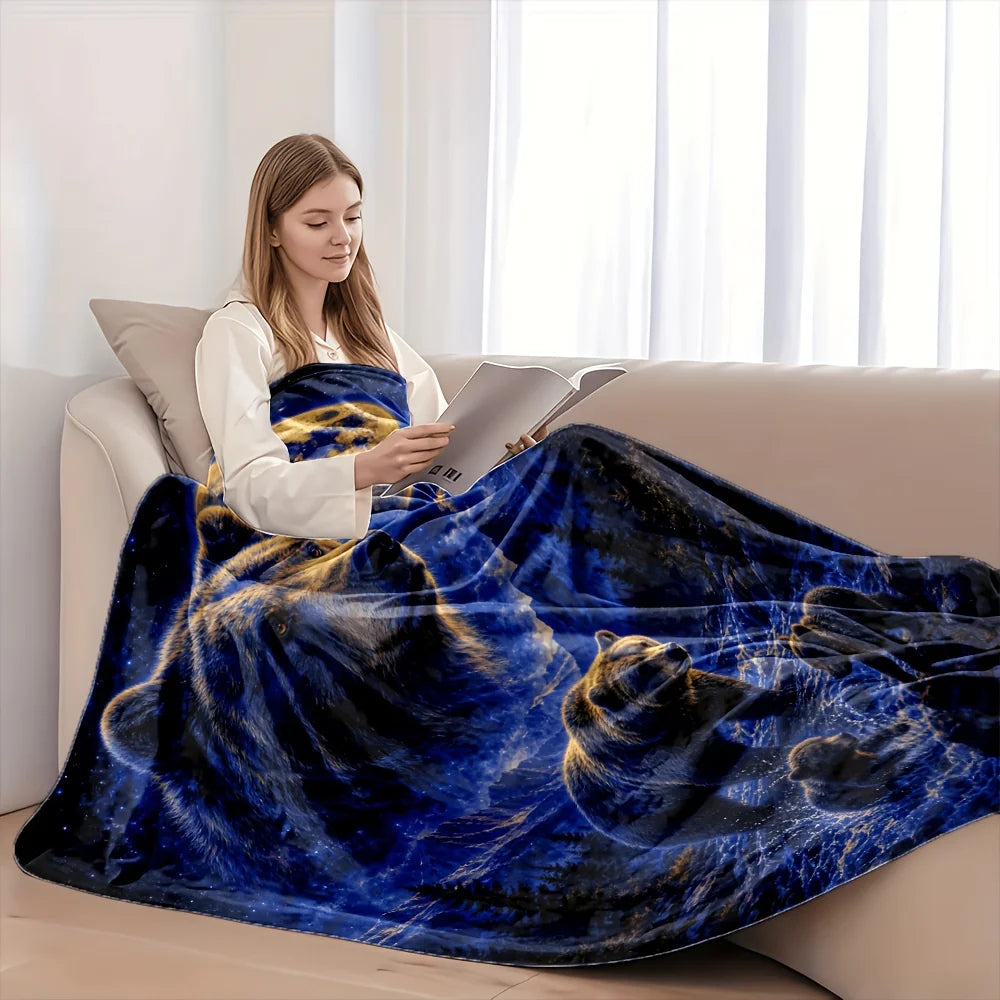 1pc Blue Moon Bear Family Flannel Blanket - Heavyweight 280GSM Ultra Soft Warm Suitable for - Bedspread, Cozy Winter Throw for Bed, Sofa, Dorm & Car, Machine Washable Bedding Gift for &, Adorable Bear Print