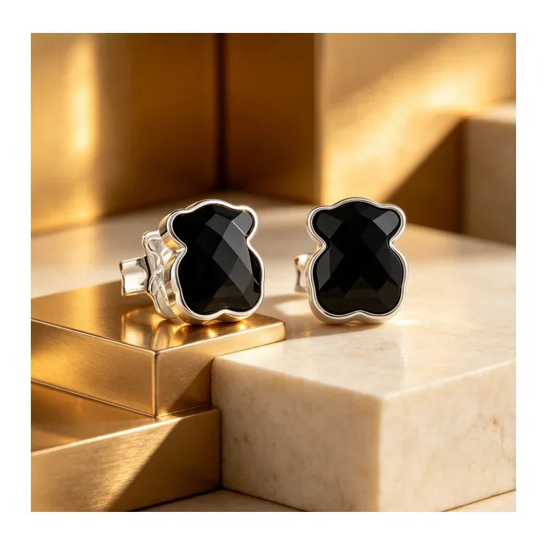 Black Bear Crystal Stud Earrings Silver Plated Cute Animal Earrings for Women Daily Jewelry