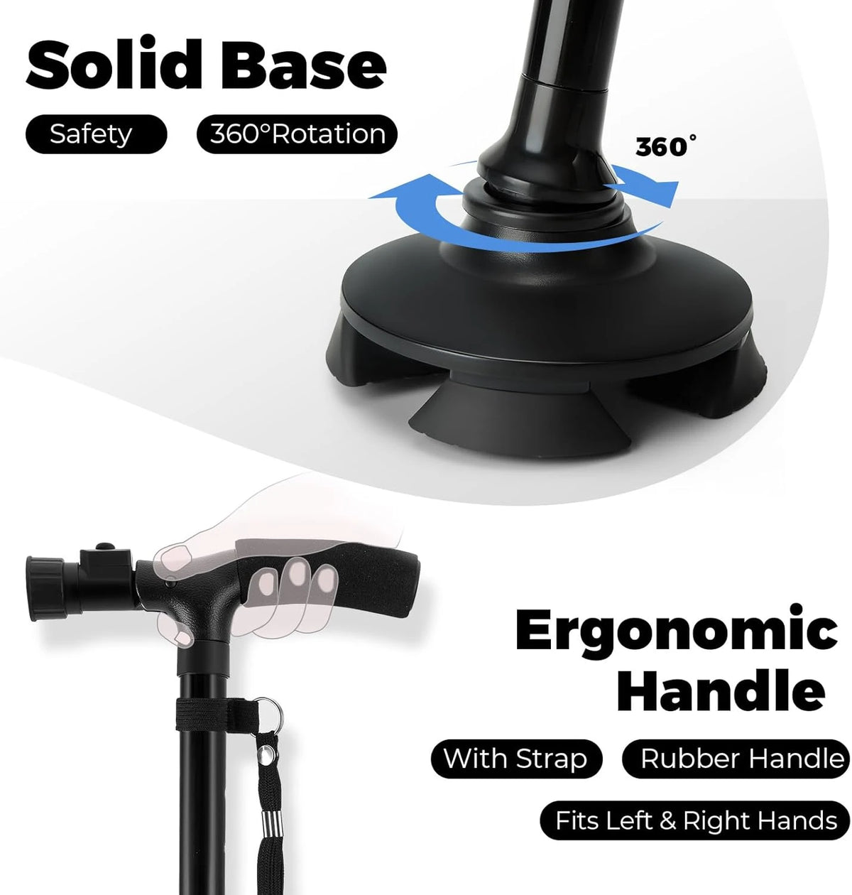 Adjustable Foldable Walking Cane with LED Light & Alarm, Lightweight All Terrain Walking Stick with Side Handle, Smart Stable Mobility Aid Cane for Seniors Adults, Non-Slip Base for Indoor Outdoor Travel Daily Use