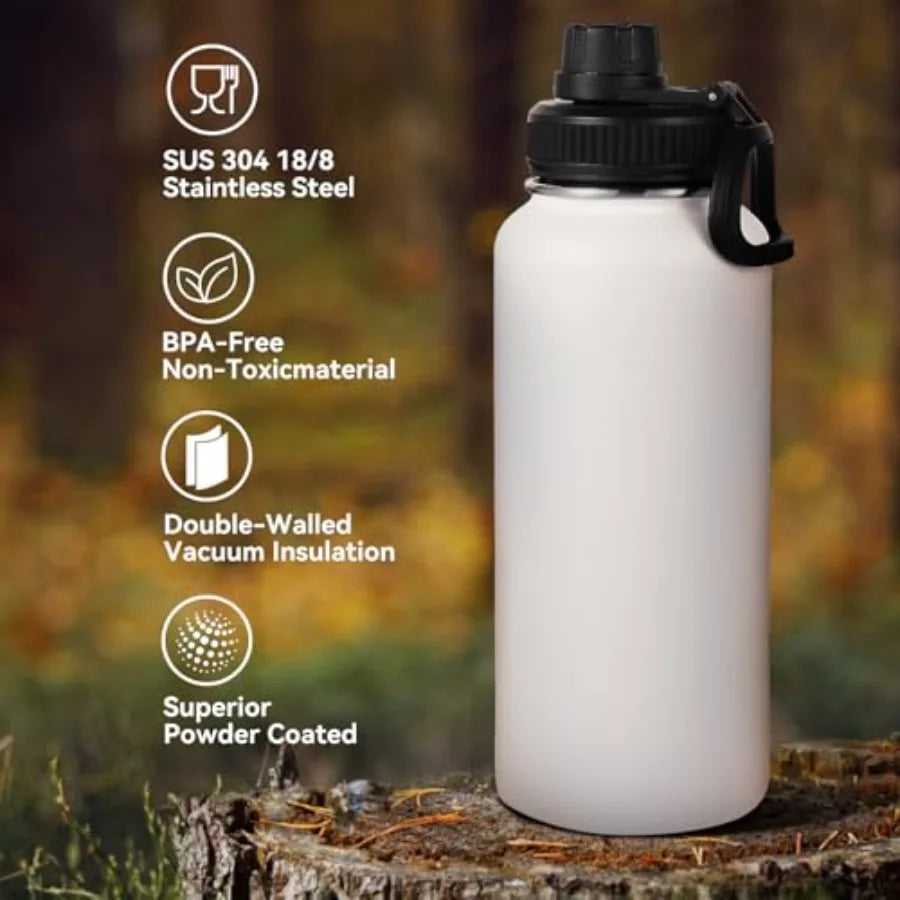 32 oz Insulated Water Bottles Bulk with 2 Lids Straw and Spout Lid,Stainless Steel Double Wall Water Bottle, Keeps Cold 24H and