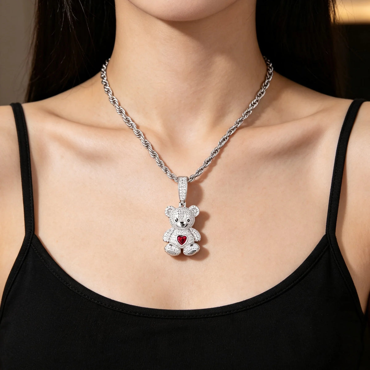 925 Sterling Silver Iced Out Moissanite Teddy Bear Pendant Necklace, Inlaid Red Heart Gem 3D Bear Hip Hop Charm for Men Women, Full Paved Sparkling Street Rap Jewelry, Romantic Gift for Anniversary Birthday Party Daily Wear