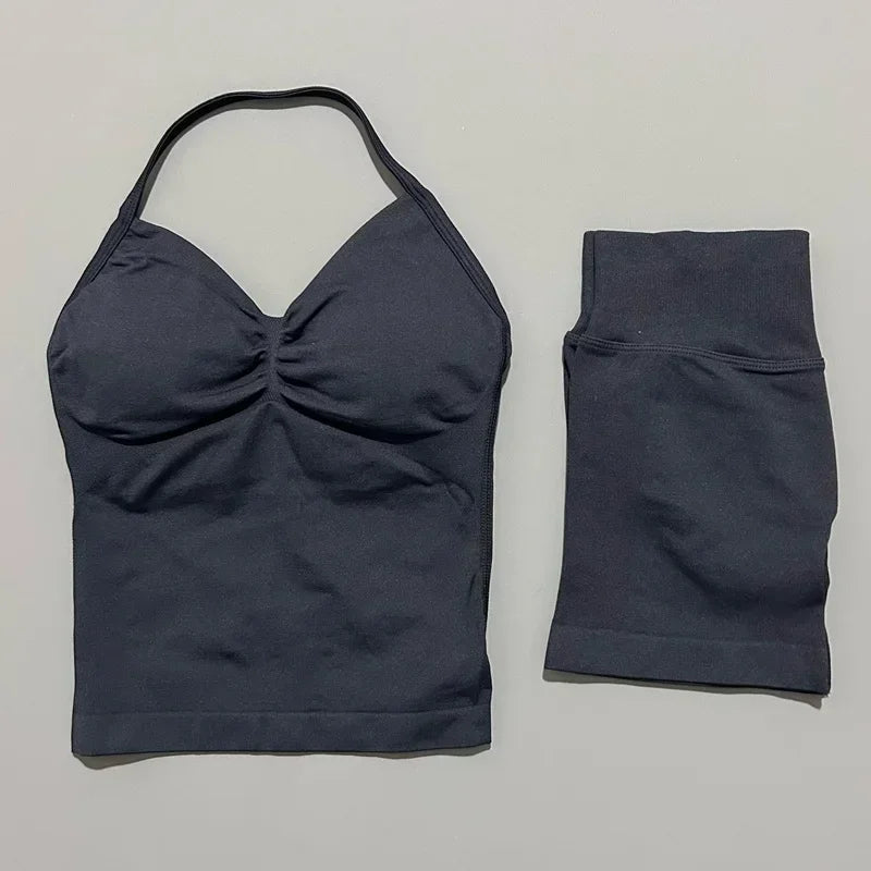 2 Piece Women Sports Set Backless Halter Tank Top High Waist Seamless Stretch Shorts Gym Fitness Workout Outfit