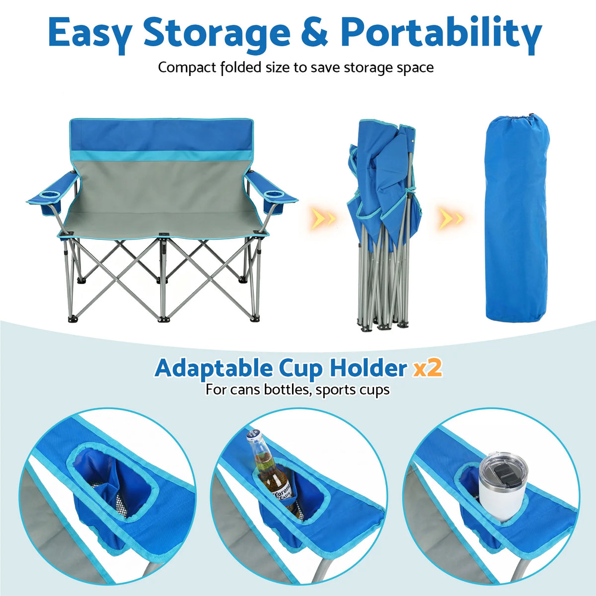 Double Folding Camping Chair Portable Outdoor Oxford Fabric 600D 2-Person Lounge Chair for Camping Fishing Beach Supports 660 lbs with Cup Holders Backrest Storage Pouch
