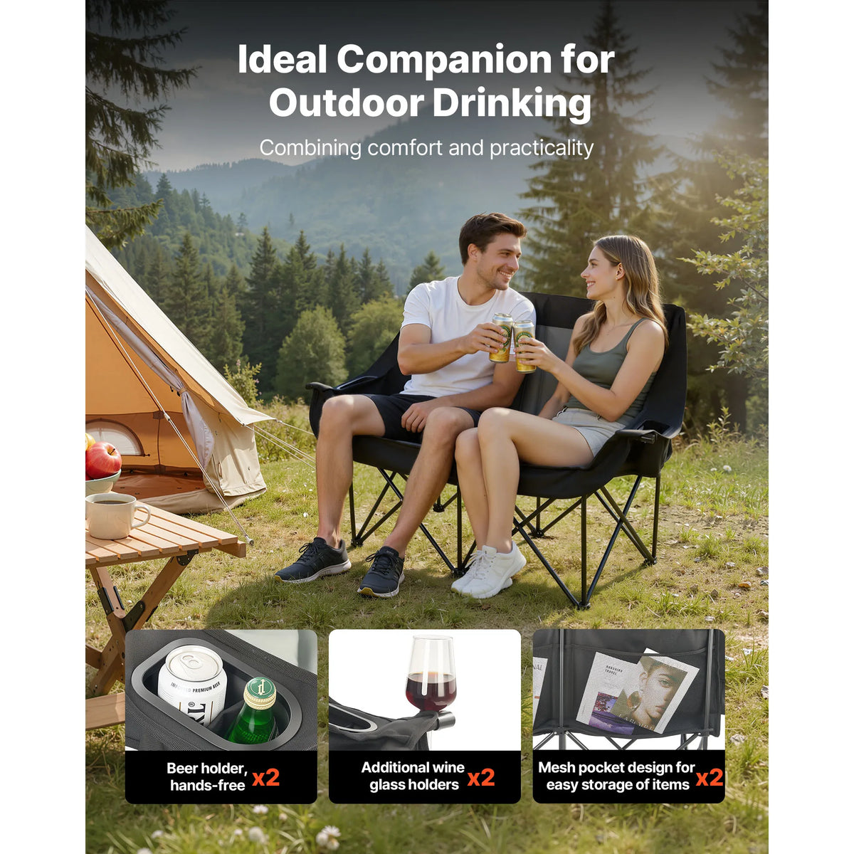 SucceBuy Double Camping Chair 660 lbs Support with Dual Cup Holders Wine Glass Holders Magazine Straps Carry Bags for Outdoor