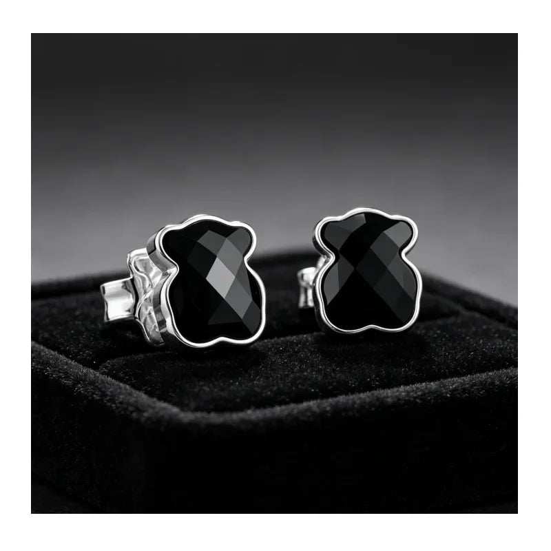 Black Bear Crystal Stud Earrings Silver Plated Cute Animal Earrings for Women Daily Jewelry