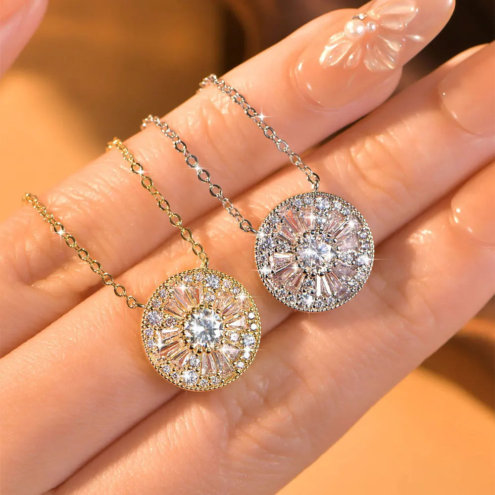 OXTAO Round Moissanite Pendant Necklace 5mm D Color VVS1 for Women Trapezoidal Cubic Zirconia Necklace Lab Created Imitation Diamond Wedding Party Luxury Jewelry 14K Gold Filled
