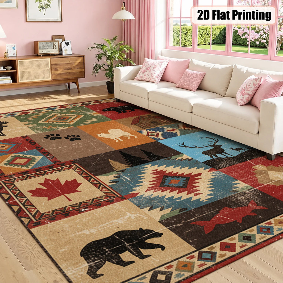 Rustic Wildlife Patchwork Area Rug with Bear Moose Maple Leaf Tribal Geometric Prints, Velvet, Machine Washable, Suitable for Living Room, Bedroom, Entryway, Cabin, Ideal for Halloween, Thanksgiving, Christmas, New Year, Blac
