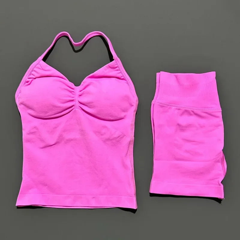 2 Piece Women Sports Set Backless Halter Tank Top High Waist Seamless Stretch Shorts Gym Fitness Workout Outfit