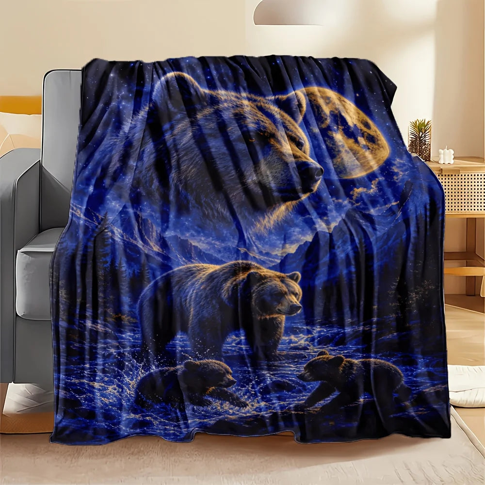 1pc Blue Moon Bear Family Flannel Blanket - Heavyweight 280GSM Ultra Soft Warm Suitable for - Bedspread, Cozy Winter Throw for Bed, Sofa, Dorm & Car, Machine Washable Bedding Gift for &, Adorable Bear Print